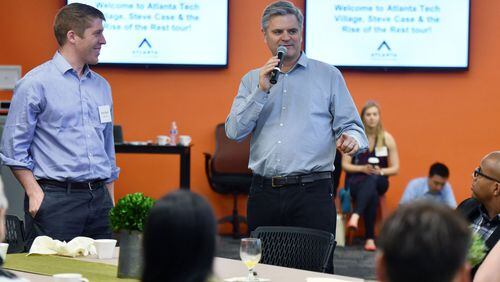 AOL co-founder Steve Case speaks as Ross Baird (left), Executive Director of the Village Capital, looks on at Atlanta Tech Village. Case was in Atlanta to promote his 'Rise of the Rest' campaign.