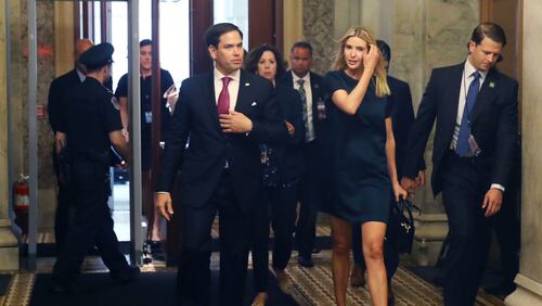 WASHINGTON, DC - JUNE 20: Ivanka Trump walks with Sen. Marco Rubio (R-FL), to a meeting with Senators regarding paid family leave, at U.S. Capitol on June 20, 2017 in Washington, DC.