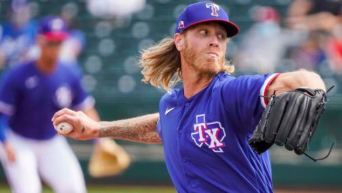 Texas Rangers pitcher Mike Foltynewicz delivers during the second inning of a spring training game against the Los Angeles Dodgers Sunday, March 7, 2021, in Surprise, Ariz. (Smiley N. Pool/The Dallas Morning News)