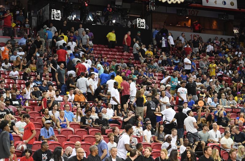 Some fans head for the exits after an earthquake shook the Thomas & Mack Center during a game between the New Orleans Pelicans and the New York Knicks during the 2019 NBA Summer League at the Thomas & Mack Center on July 5, 2019 in Las Vegas, Nevada.   (Photo by Ethan Miller/Getty Images)