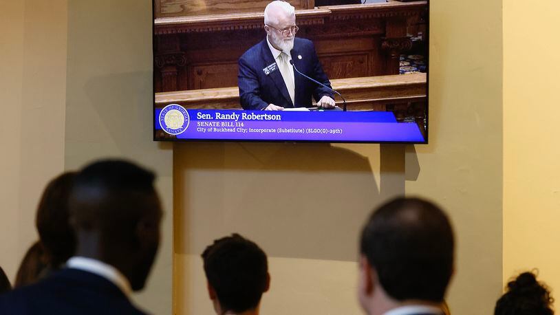 Lobbyists watch Sen. Randy Roberston (R-Cataula) as he speaks about the Buckhead Bill on day 27 of the legislative session on Thursday, March 2,  2023. (Natrice Miller/ Natrice.miller@ajc.com)