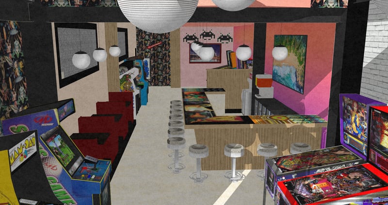 This artist's rendering shows the Tin Pin Game Bar, set to open in January next to Tin Lizzy’s in the Avenue East Cobb shopping center. Courtesy of Tin Pin Game Bar
