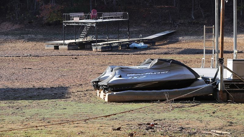 November 17, 2016, Cumming: Wave runners and boat docks sit on the bottom of a cove in Young Deer Creek at Lake Lanier from drought conditions on Thursday, Nov. 17, 2016, near Cumming.   Curtis Compton/ccompton@ajc.com
