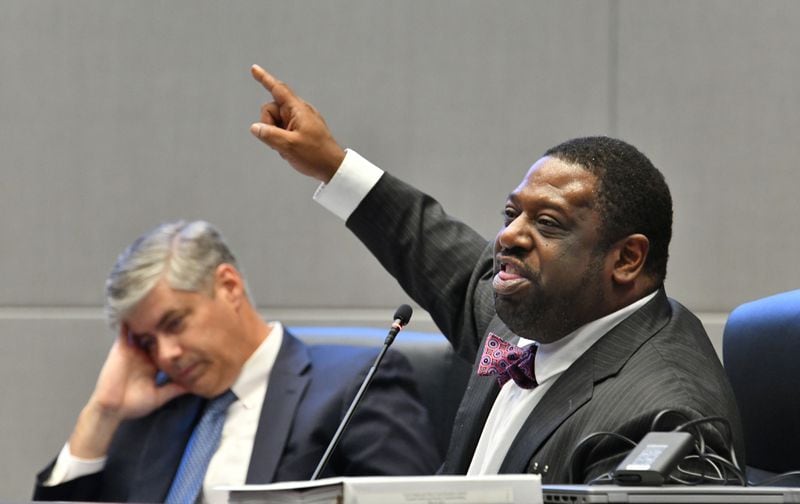 Commissioner Marvin S. Arrington, Jr. reacts during a meeting at the Fulton County government building in Atlanta on Wednesday, July 14, 2021. Michel "Marty" Turpeau IV, chairman of the embattled Development Authority of Fulton County (DAFC), announced Monday he will end his dual role as interim executive director, effective Aug. 31. (Hyosub Shin / Hyosub.Shin@ajc.com)