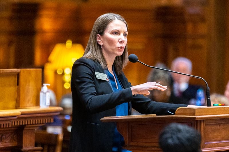 Georgia State Rep. Stacey Evans, D-Atlanta, speaks about the HOPE Scholarship before the passage of budget bill HB 19 at the House of Representatives in Atlanta on Thursday, March 9, 2023. (Arvin Temkar / arvin.temkar@ajc.com)