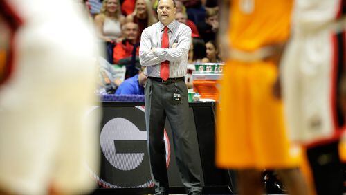 NASHVILLE, TN - MARCH 09:  Mark Fox the head coach of the Georgia Bulldogs watches the action against the Tennessee Volunteers during the second round of the SEC Basketball Tournament at Bridgestone Arena on March 9, 2017 in Nashville, Tennessee.  (Photo by Andy Lyons/Getty Images)
