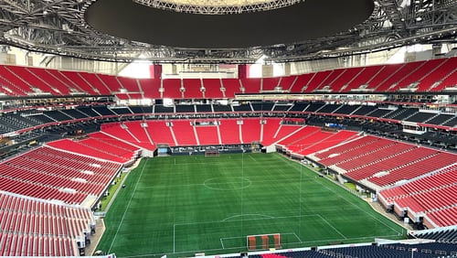 The new artificial-turf playing surface at Mercedes-Benz Stadium is in place. (AMBSE photo).