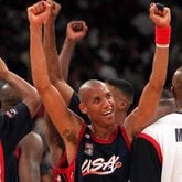 Reggie Miller, of the U.S. men's basketball Dream Team, celebrates after the Team U.S. gold medal win Saturday, Aug. 3, 1996, during the 1996 Summer Olympic Games in Atlanta. (Allen Eyestone/Cox)