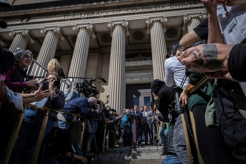 Speaker of the House Mike Johnson (R-LA) speaks to the media on the Lower Library steps on Columbia University's campus in New York on Wednesday April 24, 2024. (AP Photo/Stefan Jeremiah)