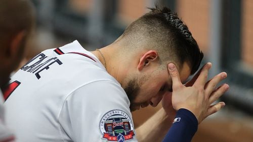 Braves’ Ender Inciarte sits in the dugout after the team fell behind the Mets on Wednesday. Curtis Compton/ccompton@ajc.com