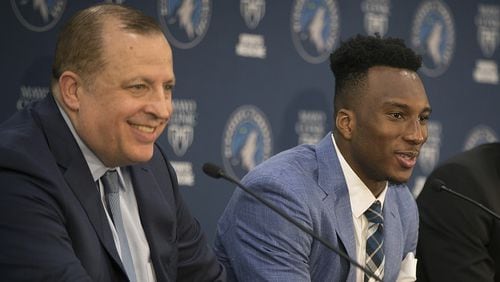 Josh Okogie, with Timberwolves head coach Tom Thibodeau, during his introductory press conference last month.