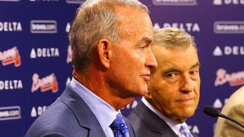 092214 Atlanta: Braves interim General Manager John Hart (from left), President John Schuerholz, and longtime former manager Bobby Cox hold a press conference after the team fired General Manager Frank Wren on Monday, Sept. 22, 2014, in Atlanta. CURTIS COMPTON / CCOMPTON@AJC.COM John Schuerholz got his man (John Hart), just not as GM. (Curtis Compton)