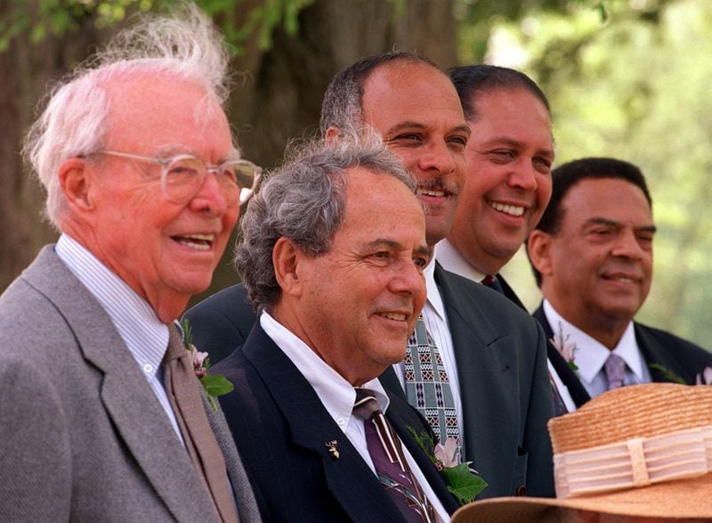 Former Atlanta mayors Ivan Allen, Sam Massell, Bill Campbell, Maynard Jackson and Andy Young pose at a function in Piedmont Park in 1997. In 2017, Atlanta voters may elect the city's first white mayor since 1973. (AJC Staff Photo/Rich Addicks)