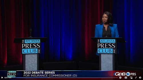 Janice Laws Robinson appears at a debate for the Democratic nomination for Georgia insurance and safety fire commissioner. Her runoff opponent, Raphael Baker, chose not to attend.