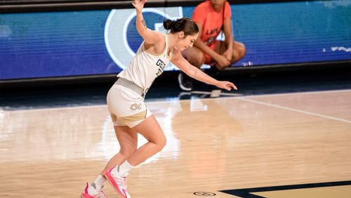 Georgia Tech basketball player Sarah Bates reacts after a big play in an exhibition game against Clayton State on Nov. 1, 2021 at McCamish Pavilion. Bates is a 5-foot-9 senior from Fresno, Calif. (Photo courtesy of Georgia Tech Athletics)