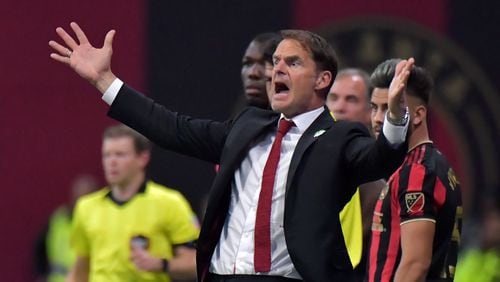 October 19, 2019 Atlanta - Atlanta United head coach Frank de Boer reacts in the second half during the first round of the MLS playoffs at Mercedes-Benz Stadium on Saturday, October 19, 2019. Atlanta United won 1-0 over the New England Revolution. (Hyosub Shin / Hyosub.Shin@ajc.com)