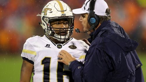 TaQuon Marshall talks to his head coach Paul Johnson of the Georgia Tech Yellow Jackets during their game against the Clemson Tigers at Memorial Stadium on October 28, 2017 in Clemson, South Carolina.  (Photo by Streeter Lecka/Getty Images)