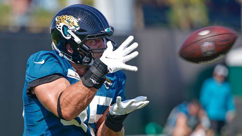 Jacksonville Jaguars tight end Tim Tebow makes a reception during a drill at practice, Saturday, July 31, 2021, in Jacksonville, Fla. (John Raoux)/AP