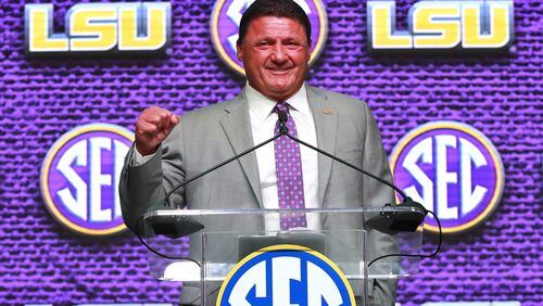 LSU coach Ed Orgeron will be the first to tell you, "Geaux Tigers." (Curtis Compton/ccompton@ajc.com)