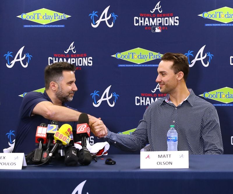 Braves general manager Alex Anthopoulos introduces All-Star first baseman Matt Olson on Tuesday in North Port, Fla. (Curtis Compton/The Atlanta Journal-Constitution/TNS)