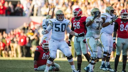 Georgia Tech offensive lineman Andrew Marshall (50) will miss the season opener with a lower-body injury.