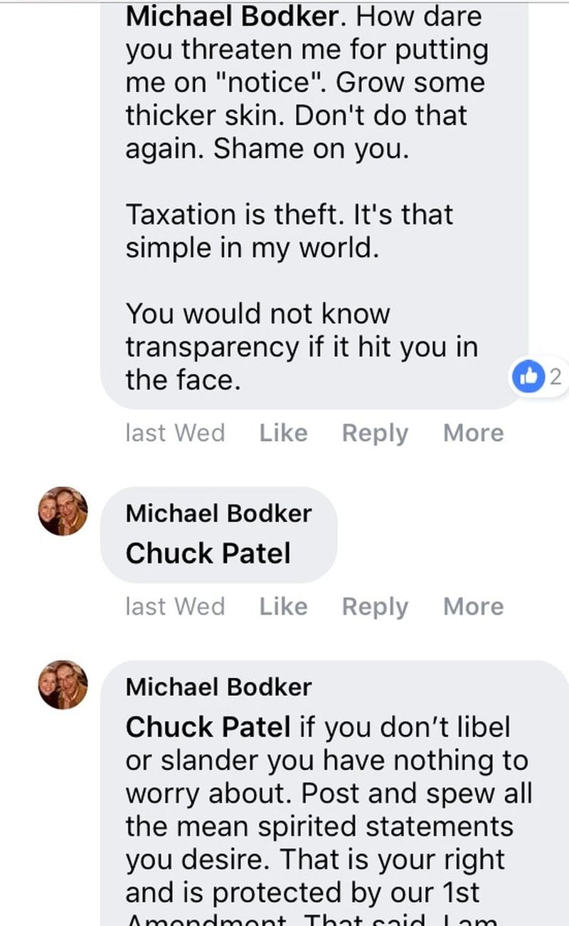Screengrab of Mayor Mike Bodker mixing it up with a critic on Facebook.