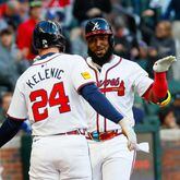 Atlanta Braves designated hitter Marcell Ozuna celebrates with outfielder Jarred Kelenic (24) after hitting a three-run home run during the first inning against the Texas Rangers at Truist Park on Sunday, April 21, 2024, in Atlanta.
(Miguel Martinez/ AJC)