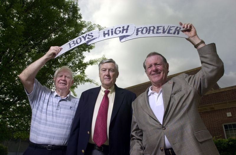  - ATLANTA, GA. - L-R, Charles Whitt, Phill  Maffett  and Larry Doyal  in front of the original auditorium and basketball court for Boys High School in Midtown Atlanta in June 2004. It is now Grady High School. Boys High, which closed in 1947, has a rich sports tradition that includes 10 state titles in football.. Larry Doyal is the son of the late football coach at Boys’ High, R.L. “Shorty” Doyal. (LOUIE FAVORITE / STAFF) 