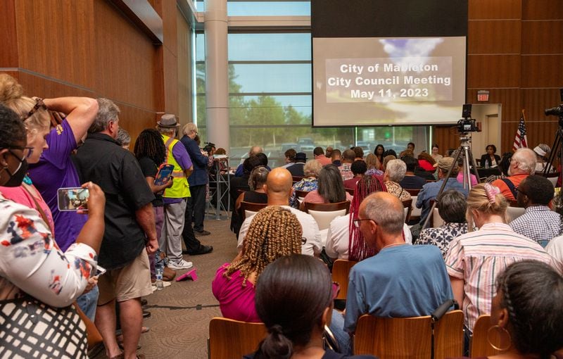 The first Mableton City Council Meeting takes place Thursday, May 11, 2023, at the Riverside Epicenter in Austell.  City council members include Ron Davis, Dami Oladapo, Keisha Jeffcoat, Mayor Michael Owens, Patricia Auch, T.J. Ferguson and Deborah Herndon.  (Jenni Girtman for The Atlanta Journal-Constitution)