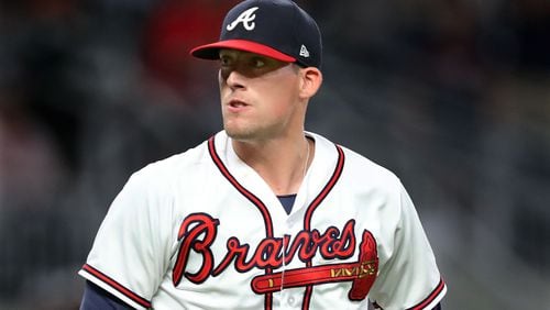 Braves closer Dan Winkler pumps his fist on the third out against the New York Mets Tuesday, May 29, 2018, in Atlanta.