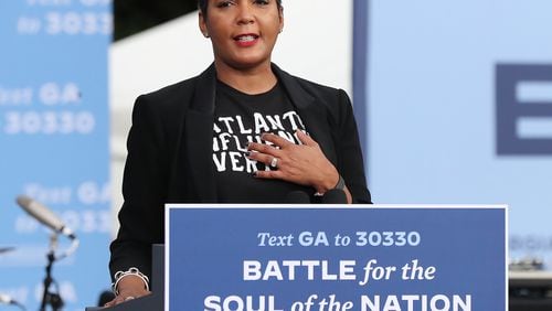 102720 Atlanta: Atlanta Mayor Keisha Lance Bottoms speaks at Democratic Presidential candidate Joe Biden’s drive in rally event during his visit to Georgia at the amphitheatre at Lakewood on Tuesday, Oct 27, 2020 in Atlanta.   “Curtis Compton / Curtis.Compton@ajc.com”