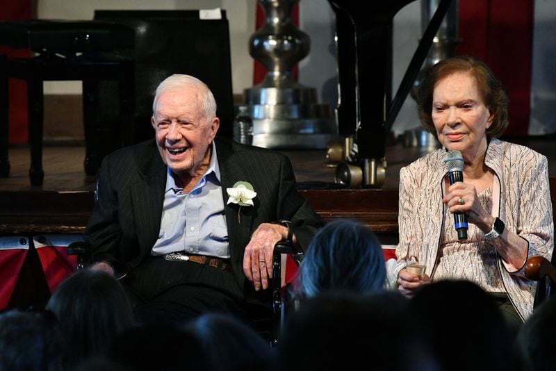 Former U.S. President Jimmy Carter and his wife, Rosalynn, celebrate their 75th wedding anniversary with a private reception for more than 300 invited guests at Plains High School in Plains on Saturday, July 10, 2021. (Hyosub Shin / Hyosub.Shin@ajc.com)
