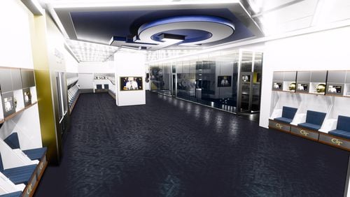 A rendering of the new Georgia Tech locker room, scheduled to be completed before the Yellow Jackets begin preseason practice in August. Tech has retained Heery International as the project architect and JE Dunn Construction as general contractor.