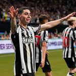 Newcastle's Miguel Almirón, left, celebrates after scoring against Chelsea during a Premier League Summer Series soccer match Wednesday, July 26, 2023, in Atlanta. (AP Photo/Brynn Anderson)