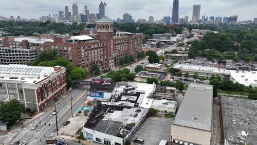 An aerial photograph shows a piece of Beltline-adjacent building (lower right), where 8ARM and former Paris on Ponce are located, on Ponce de Leon in Atlanta on Tuesday, June 28, 2022. (Hyosub Shin / Hyosub.Shin@ajc.com)