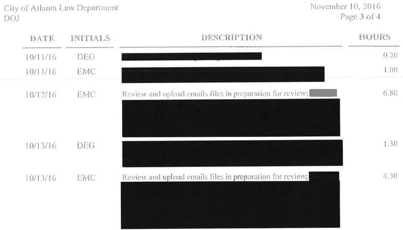 Invoices for outside legal work associated with the federal bribery investigation at Atlanta City Hall included numerous redactions, such as those pictured here.