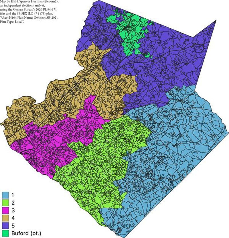 A map of the proposed districts for the Gwinnett County Board of Education if SB 5EX becomes law. (Courtesy of Eli H. Spencer Heyman / www.elium2.com)