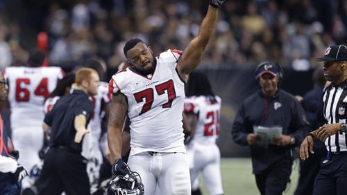 Atlanta Falcons defensive end Ra’Shede Hageman (77) reacts in the second half of an NFL football game against the New Orleans Saints in New Orleans, Sunday, Dec. 21, 2014. (AP Photo/Rogelio Solis)