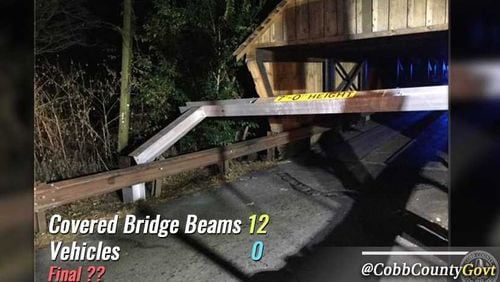 Make it a dozen! Someone hit Cobb County's Concord Road Covered Bridge again. This time on Dec. 3, 2018.