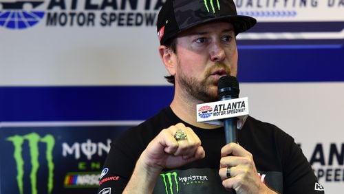 Kurt Busch, driver of the No. 41 Monster Energy/Haas Automation Ford, speaks with the media before practice for the Monster Energy NASCAR Cup Series Folds of Honor QuickTrip 500 at Atlanta Motor Speedway on March 3, 2017 in Hampton, Georgia. (Photo by Jared C. Tilton/Getty Images)