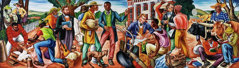“Opening Day at Talladega College” by Atlanta artist Hale Woodruff is a staggering 20 feet wide and exploding with color. It anchors one end of the Cousins gallery at the High Museum, and it is part of a new show, “Cross Country.” CONTRIBUTED BY HIGH MUSEUM