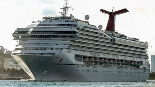 The Carnival Glory cruise ship is shown docked prior to departure at the Port of Miami in Miami, Fla.