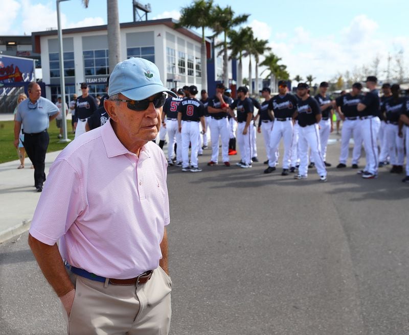  John Schuerholz, now the Braves’ vice chairman emeritus, arrives at CoolToday Park, the team’s new spring-training home in North Port, Fla., on Tuesday. 
