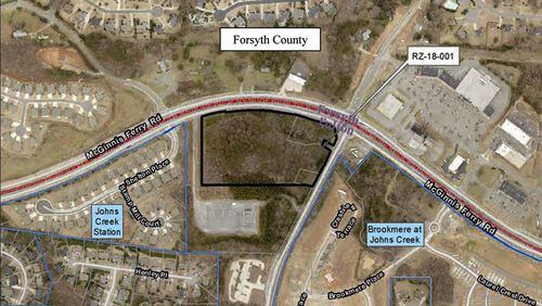 Map indicates the site of a proposed 42-unit townhome project with a two-story commercial building at McGinnis Ferry and Bell roads in Johns Creek. CITY OF JOHNS CREEK