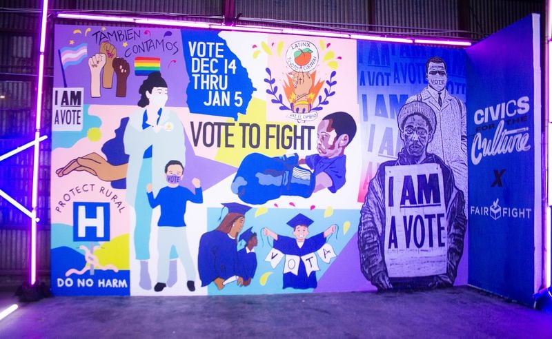 Atlanta-based artists Joe Dreher, Erica L. Chisolm, Sarah Neuburger and Patricia Hernandez created a mural for Fair Fight Action featuring health care, civil rights and voting rights themes. (Courtesy of  Off Tha Record)