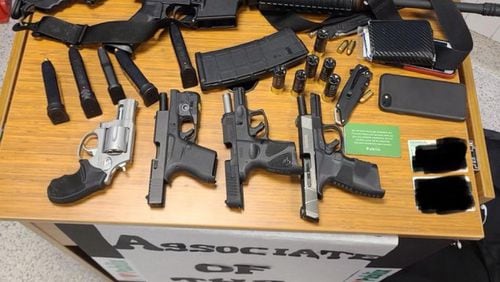 This is the cache of weaponry that Atlanta police confiscated from Rico Marley, who was seen in the Atlantic Station Publix restroom with an AR-15 on March 24, 2021. (Credit: Atlanta Police Department)