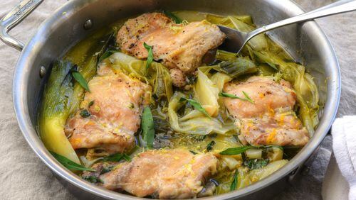 Braised Chicken and Leeks. (Chris Hunt for The Atlanta Journal-Constitution)