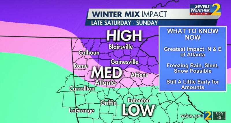 According to Channel 2 Action News, parts of North Georgia north of Atlanta are at high risk of winter mix this weekend. The city has a medium risk of frozen precipitation, while areas to the south will likely just see rain.