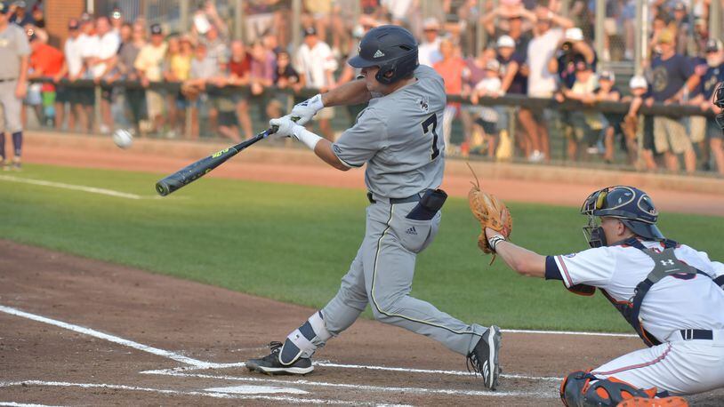 June 1, 2019 Atlanta - Georgia Tech infielder Luke Waddell (7) hits a RBI double to score Georgia Tech outfielder Nick Wilhite (31) in the second inning during the second game of the NCAA regionals at Russ Chandler Stadium in Georgia Tech campus on Saturday, June 1, 2019. HYOSUB SHIN / HSHIN@AJC.COM