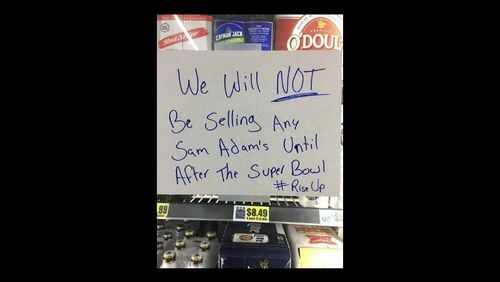 A gas station convenience store in Hall County has halted the sale of Boston-based Samuel Adams beer until after the Super Bowl game. (Credit: Facebook)